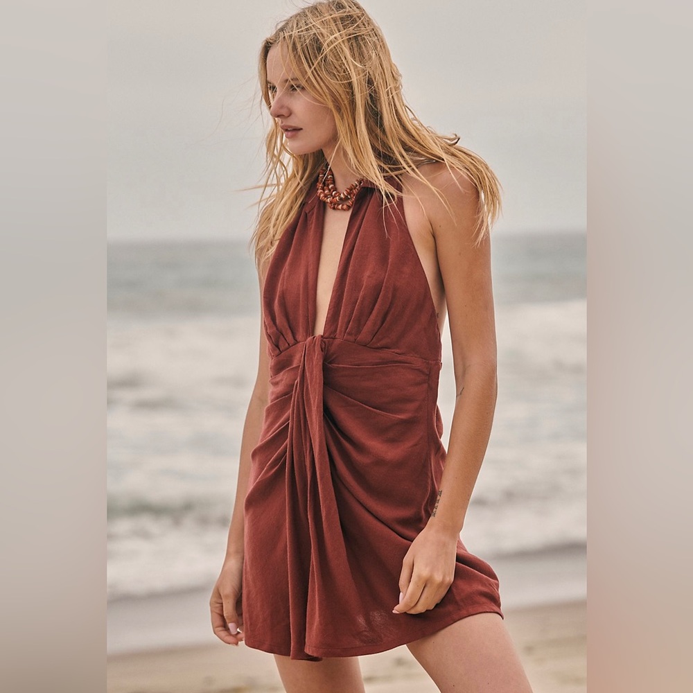 Free People In Her Element Mini Dress in Garnet Linen Blend Size XS